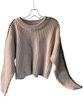 By Together Taupe Ribbed Crewneck Sweater with Contrast Black Stitch Size Small